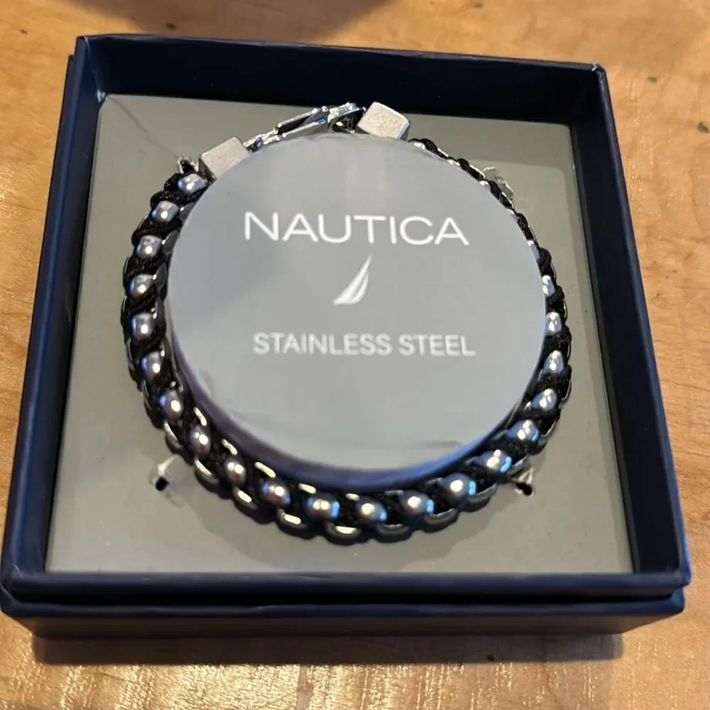 Nautica stainless steel brown cord cube and clasp closure bracelet. NWOT. In box